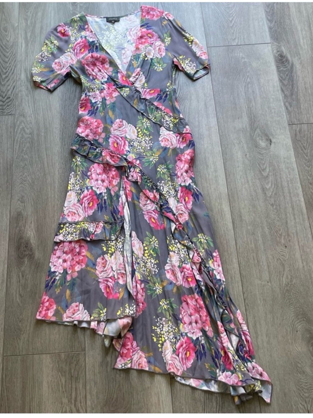 majorelle gray & pink floral asymmetrical ruffle maxi wedding summer dress small